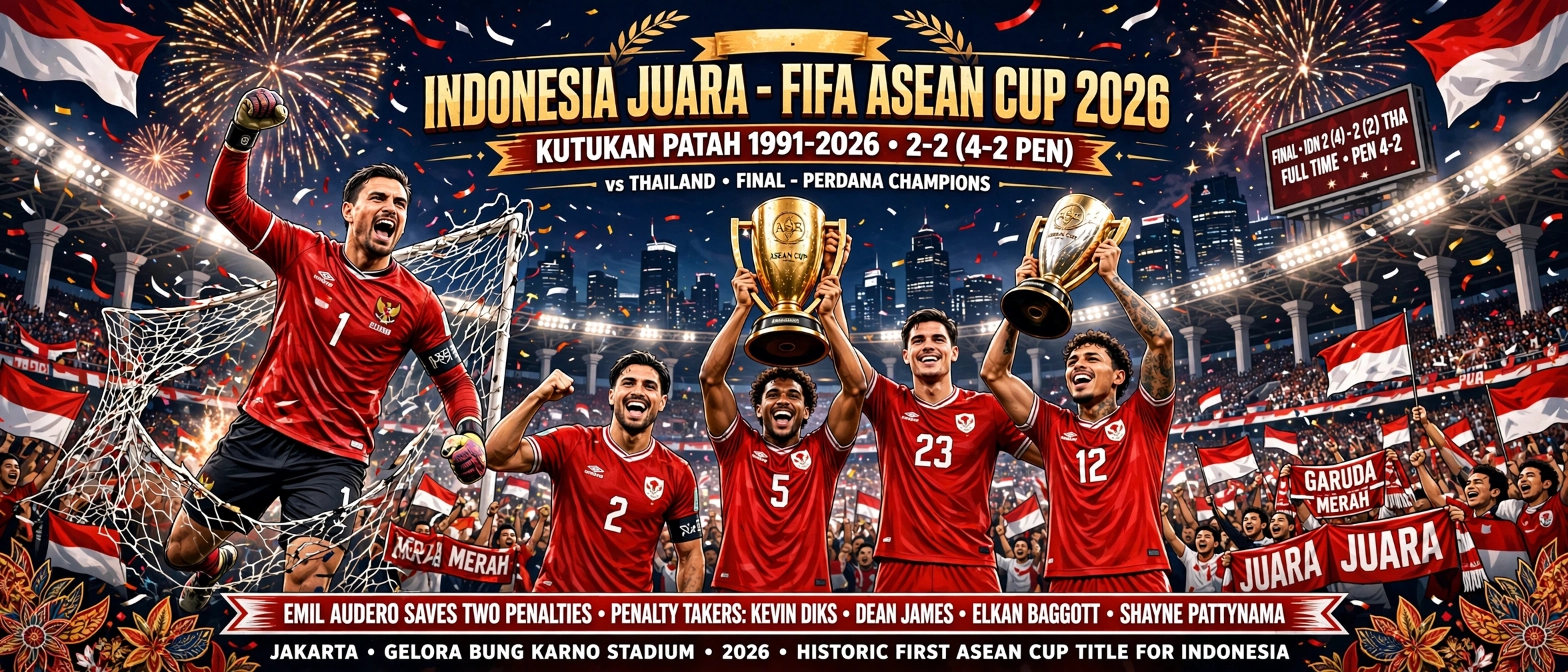 KUTUKAN PATAH! INDONESIA JUARA FIFA ASEAN CUP PERDANA 2026 - MENANG 4-2 PENALTI ATAS THAILAND SETELAH IMBANG 2-2 - TROFI SENIOR PERTAMA SEJAK 1991